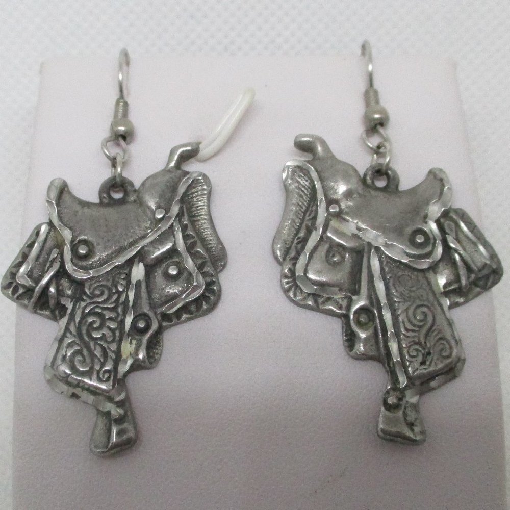 EGO C '92 Pewter Southwestern style Equestrian Saddle Earrings